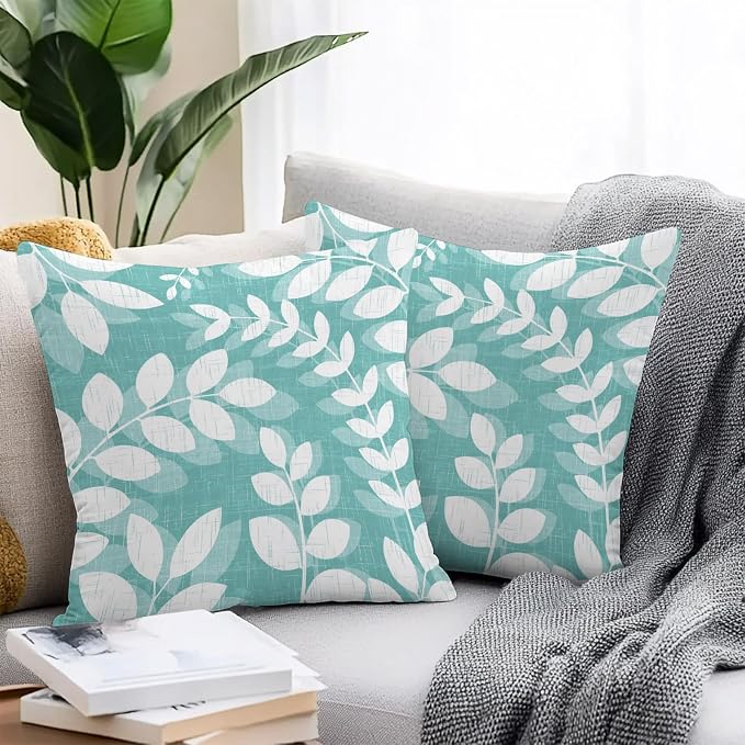 Teal Green Leaves Outdoor Waterproof Throw Pillow Covers 20x20 Set of 2, Farmhouse Botanical Branch Vintage Boho Leaf Decorative Pillowcases Cushion Pillowcase for Couch Sofa Patio Pillow Protector