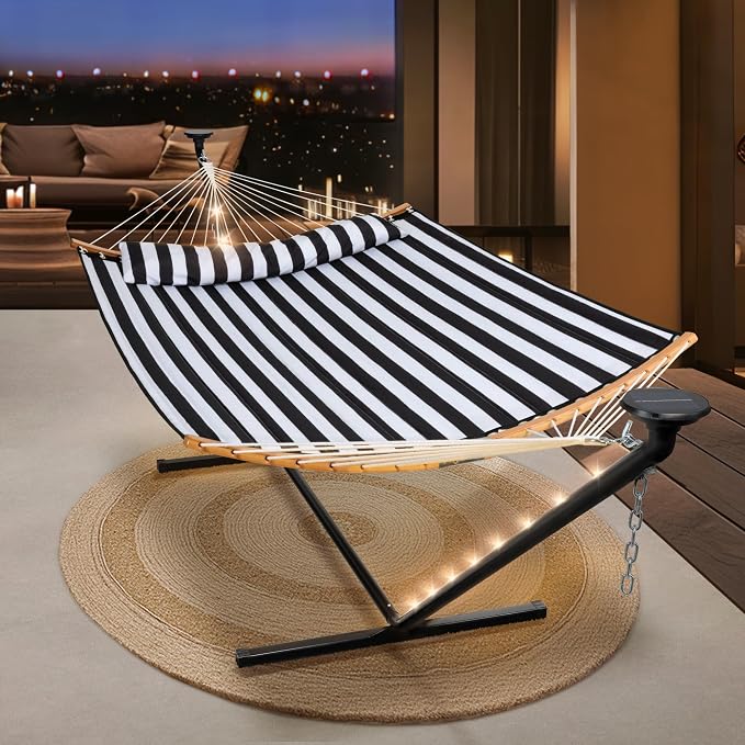 SUNCREAT Double Outdoor Hammock with 12 ft Stand, Patio Standing Hammock with Stand, Black & White