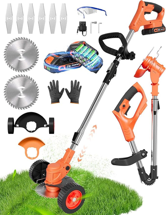 Cordless Weed Wacker, 21V 2-in-1 Lightweight Stringless Weed Wacker, Foldable 2.0Ah Battery Powered Weed Trimmer, Grass Trimmer/Brush Cutter/Edger Lawn Tool for Yard Lawns Garden