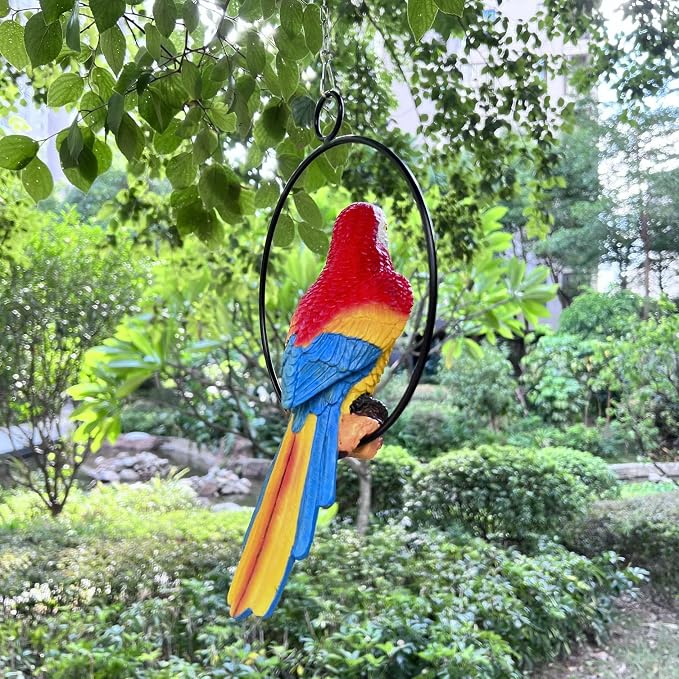 Lifelike Parrot Garden Statues Hanging Decor Ornaments Figurines Sculpture for Patio Lawn Yard, Blue Tail