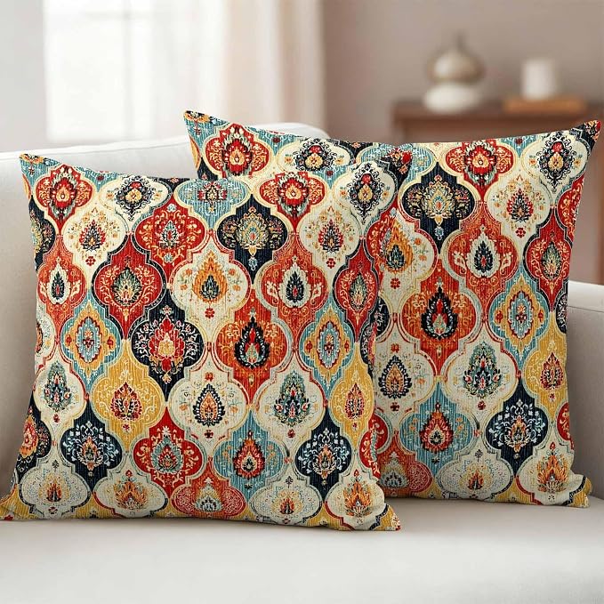 Bohemian Floral Outdoor Pillow Covers 26"x26" Set of 2, Moroccan Exotic Colored Floral Waterproof Throw Pillow Covers for Patio Furniture, Decorative Cushion Covers for Porch