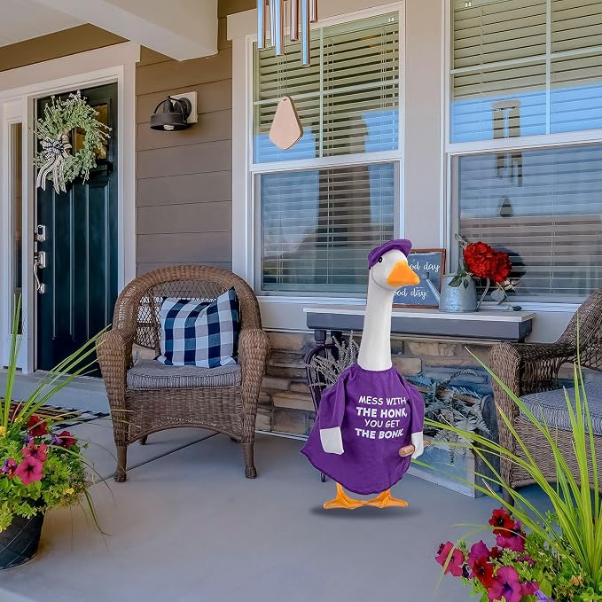 CAMDUCK Funny Porch Goose Outfit for 23 Inch Goose Statue, Mess with The Honk You Get The Bonk Goose Clothes, Decorative Lawn Geese Costume Clothing for Outdoor Decor (Purple)