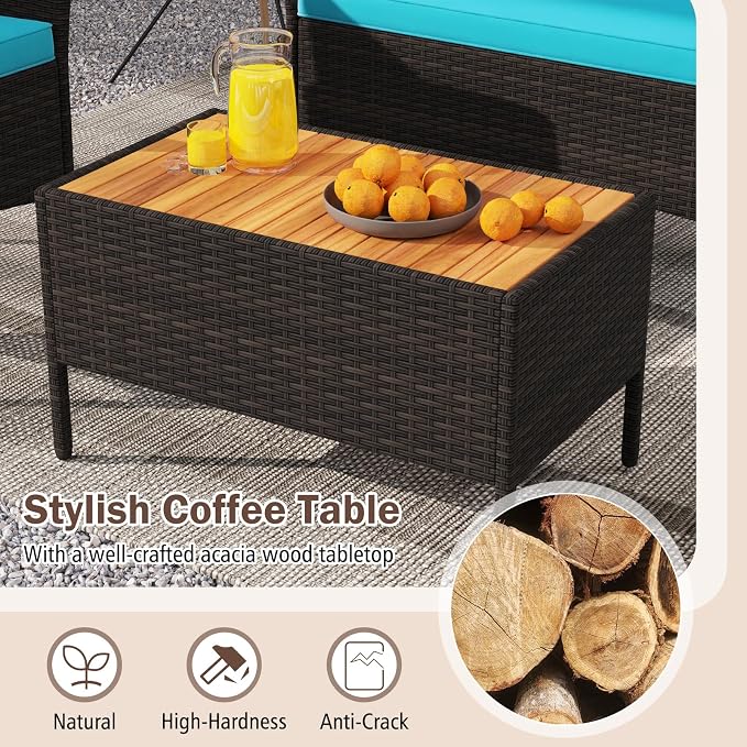 Tangkula 4 Pieces Patio Wicker Sofa Set, 2 Rattan Chairs & Loveseat w/Coffee Table, Acacia Wood Armrests & Tabletop, Outdoor Cushioned Conversation Set for Backyard, Poolside (Turquoise, 8 Pieces)