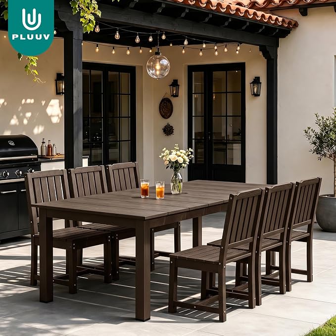 PLUUV 7-Piece Outdoor Dining Set – HDPE Patio Furniture with Umbrella Hole Table, Aluminum Legs, and 6 Armless Chairs, Weatherproof & Easy-Clean for Backyard, Garden, Coffee