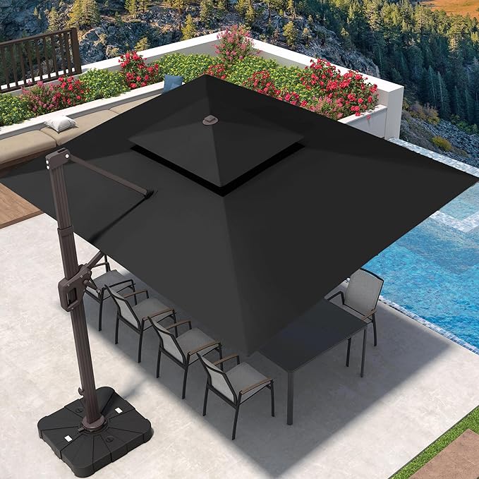 9' X 12' Patio Umbrella with Weighted Base and LED Lights Outdoor Cantilever Large Rectangle Offset Umbrellas Heavy Duty Aluminum Double Top with 360-degree Rotation for Pool Garden Deck, Black