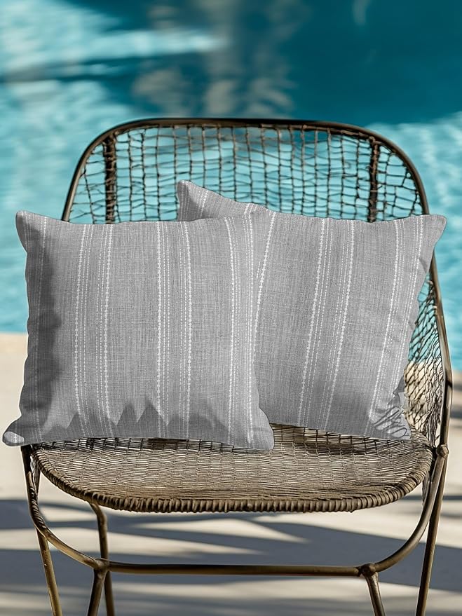 Waterproof Outdoor Pillow Set of 2 Gray Linen Stripes Decorative Throw Pillows Cover & Insert 16x16 Inch Pillowcase Parallel Vertical Lines Pillows for Couch Sofa Bed Patio Furniture Indoor Outdoor
