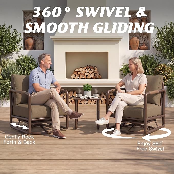 3-Piece Aluminum Patio Furniture Set, Outdoor Swivel Rocking Chairs with 6.5" Thick Cushions & Coffee Table, All-Weather Rust-Resistant Frame Conversation Set for Porch, Garden, Backyard, Brown