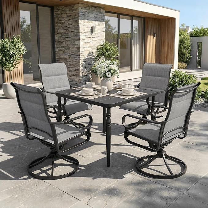 NUU GARDEN Outdoor Dining Set with Umbrella Hole, 5-Piece Patio Furniture Set with Slatted Table and 4 Swivel Padded Textilene Chairs, All-Weather Patio Dining Set, Light Gray