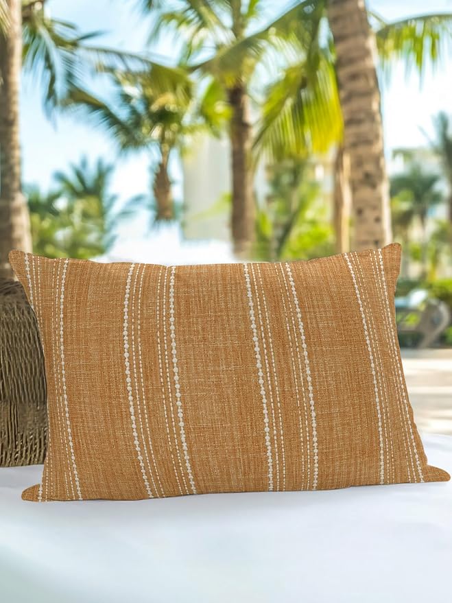 Waterproof Outdoor Pillow 1 Pack Orange Linen Stripes Decorative Throw Pillows Cover & Insert 20x12 Inch Lumbar Pillowcase Parallel Vertical Lines Pillows for Couch Sofa Bed Patio Furniture