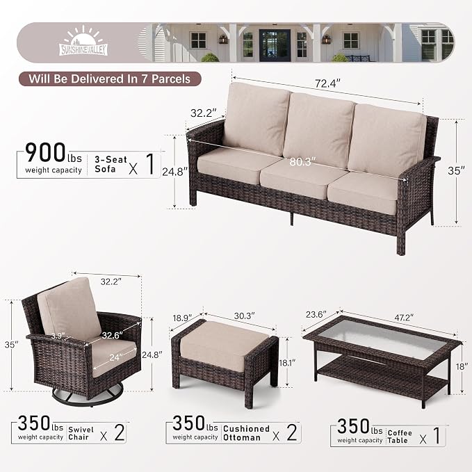 SUNSHINE VALLEY 6 Piece Patio Furniture Set with Swivel Chairs, High Back Wicker Rattan Sofa with Extra Thick Cushion, Coffee Table and Ottoman, Outdoor Conversation Set for Backyard Deck,Beige