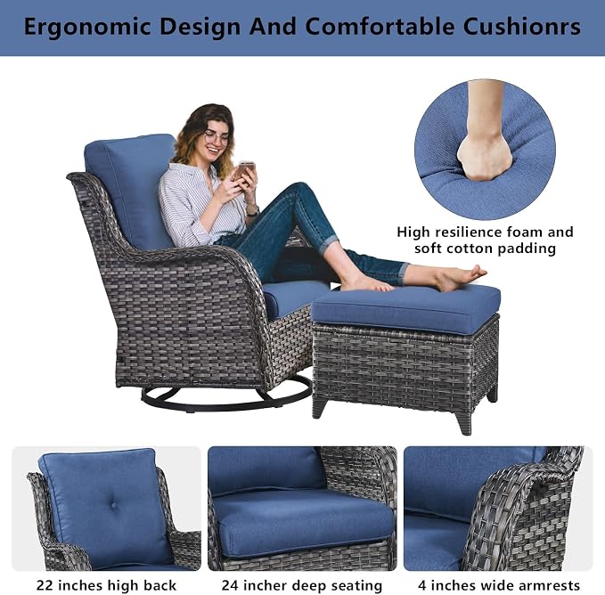 Belord Wicker Outdoor Furniture Patio Furniture Set - 6 Piece Patio Conversation Set with Swivel Rocker Chairs, Rattan Sofa, Ottomans and Coffee Table, Blue Cushion
