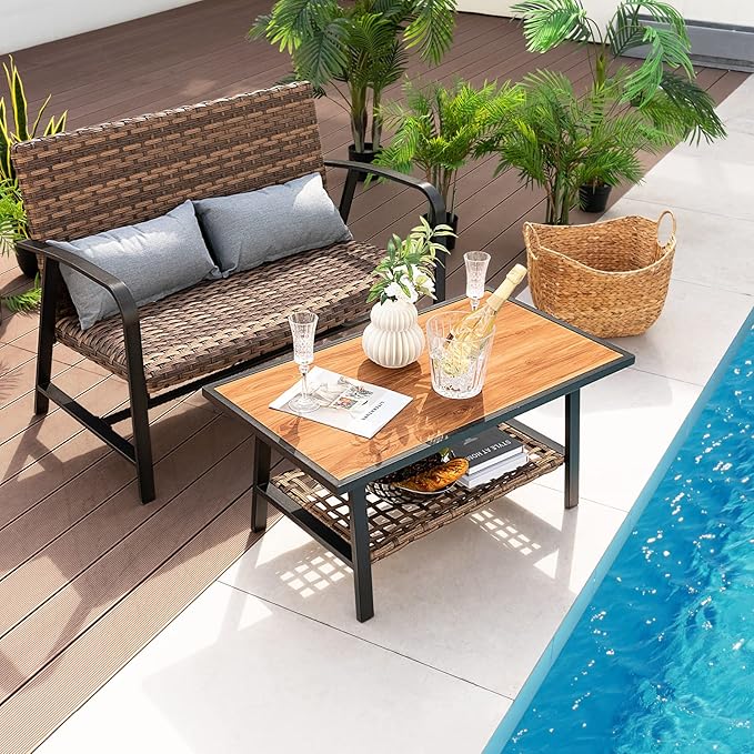 Tangkula 2 Pieces Patio Wicker Furniture Set with 4D Air Fiber Quick Dry Cushion, Outdoor Loveseat and Coffee Table Set with DPC Tabletop and Lumbar Pillows, Patio Conversation Set