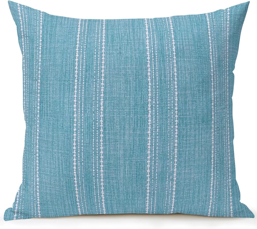 Waterproof Outdoor Pillow 1 Pack Blue Linen Stripes Decorative Throw Pillows Cover & Insert 18x18 Inch Pillowcase Parallel Vertical Lines Pillows for Couch Sofa Bed Patio Furniture Indoor Outdoor