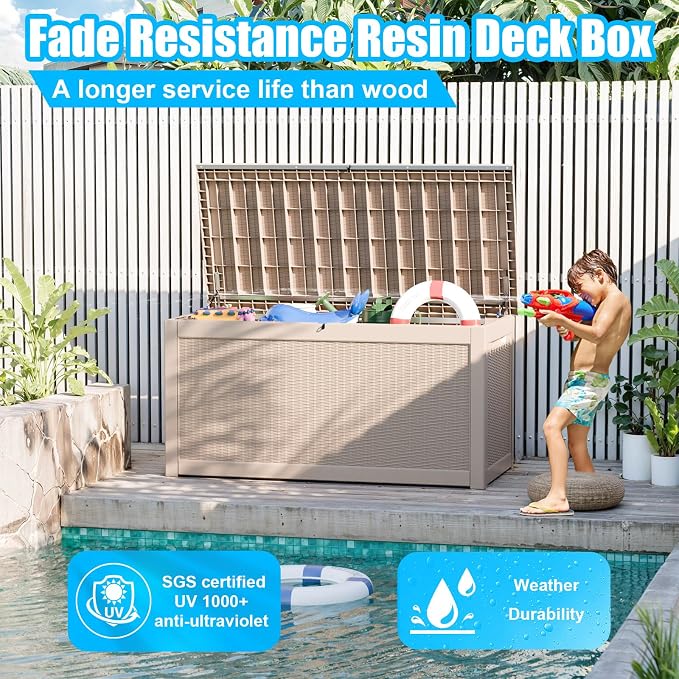 320 Gallon Outdoor Deck Box, Resin Waterproof Storage Box With Lockable Lid, UV-Resistant Multi-Purpose Outdoor Storage Bench for Patio Cushions, Garden Tools, Pool Accessories (Grey)