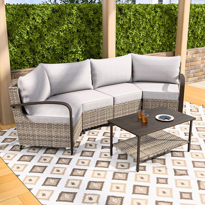 COOS BAY Aurora Terrace 4 Piece Outdoor Sectional Furniture Set, Half Moon Rattan Wicker Conversation Set with 4 Seat Sofa & Coffee Table for Patio Garden Yard, Beige/Beige