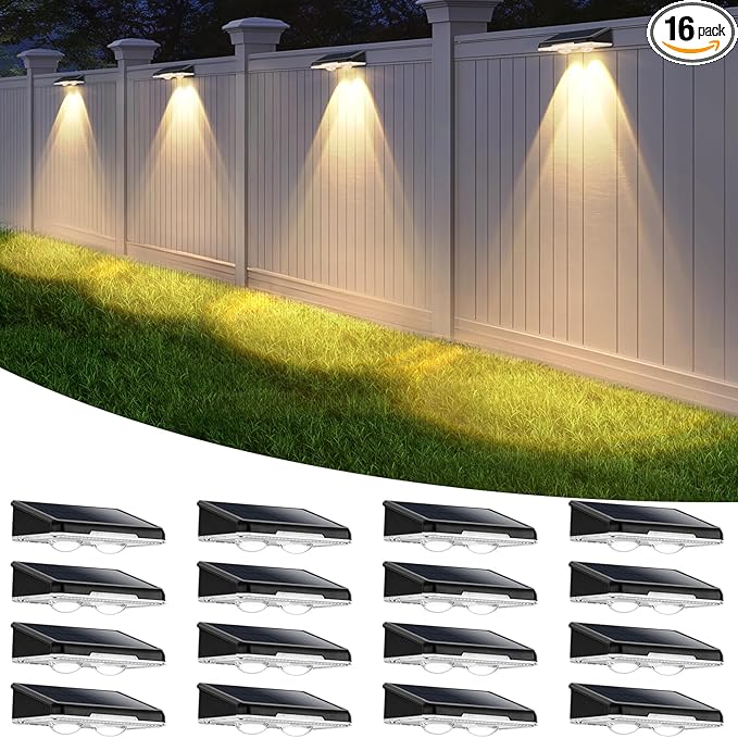 Solar Lights Outdoor 16-Pack, Waterproof Fence Lights Solar Powered with 3 Modes (3000K/4500K/6500K) for Outside, Backyard, Deck, Step, Stairs, Balcony, Yard, Patio, Walkway, Pathway, Railing