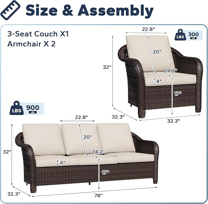 3 Pieces Outdoor Patio Conversation Set, 78" Couch, 2 Chairs, Rattan Wicker Conversation Furniture with Removable Cushions for Bistro, Deck (Beige)