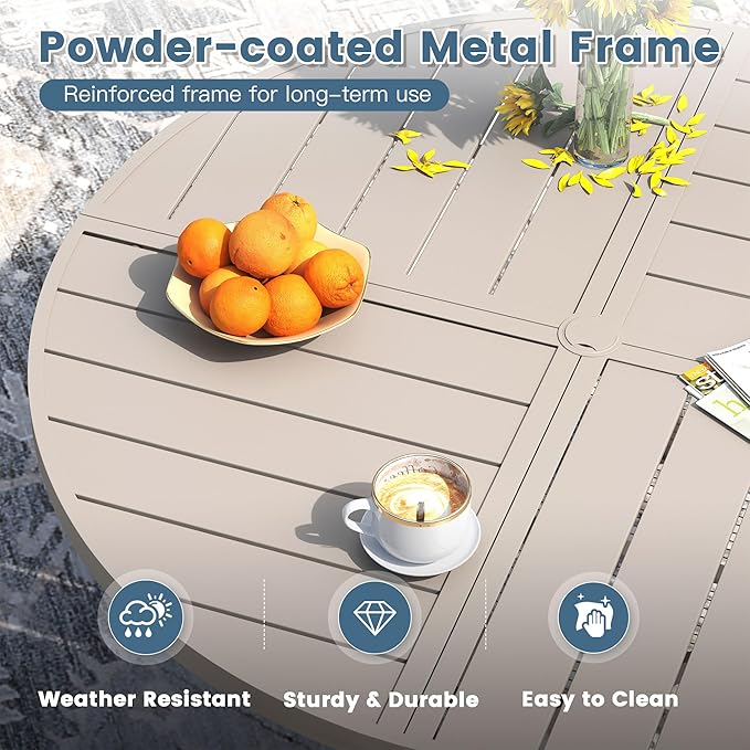 DIFY 9 Pieces Outdoor Dining Set, Metal Patio Table and Chairs Set for 8 with Umbrella Hole, 59.8" Round Outdoor Table and Textilene Swivel Patio Chairs for Garden, Backyard, Poolside, Sandshell