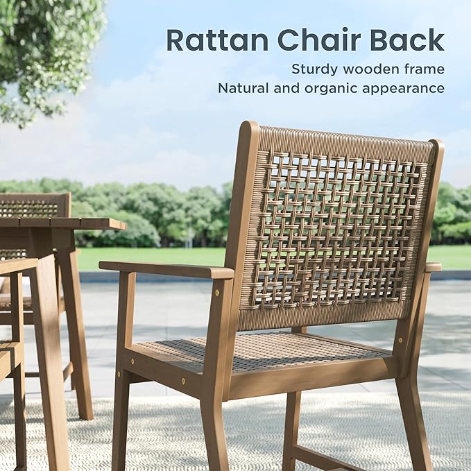 PHI VILLA 9 Pieces Acacia Wood Outdoor Dining Set for 8, Teak Rectangle Wooden Table & Chairs with Wicker Seat and Back, Farmhouse Patio Furniture Set for Deck, Yard, Porch - Light Brown