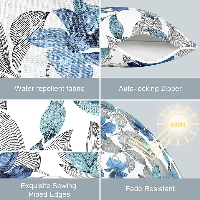 LVTXIII Outdoor Pillow Covers Set of 2, Patio Waterproof Throw Pillow Cases Fade Resistant Accent Pillow Covers for Spring Summer Garden Decoration, 16x16, Clemens Noir Blue