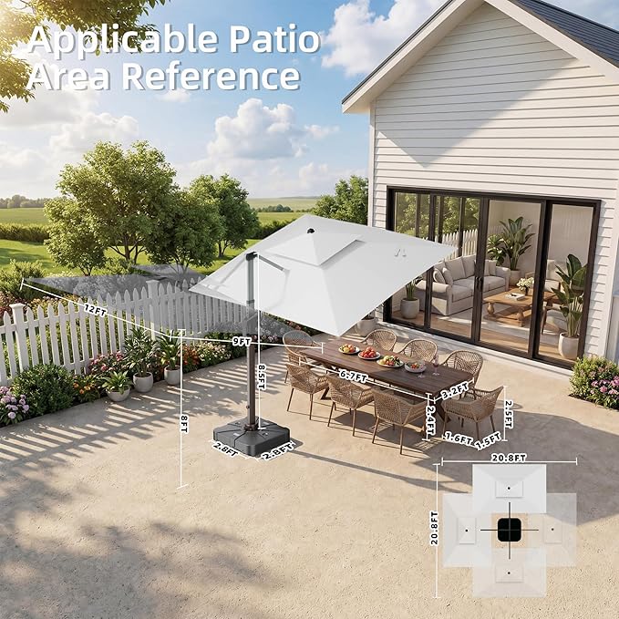 9' X 12' Patio Umbrella with Weighted Base and LED Lights Outdoor Cantilever Large Rectangle Offset Umbrellas Heavy Duty Aluminum Double Top with 360-degree Rotation for Pool Garden Deck, Fog Grey
