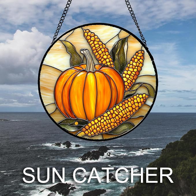 DASTOLL Stained Glass Window Hanging Autumn Harvest Pumpkin Corn 6.3" - Suncatcher Door Garden Kitchen Sunroom Sun Catcher Fall Home Decor Birthday for Mom Grandma Men Woman