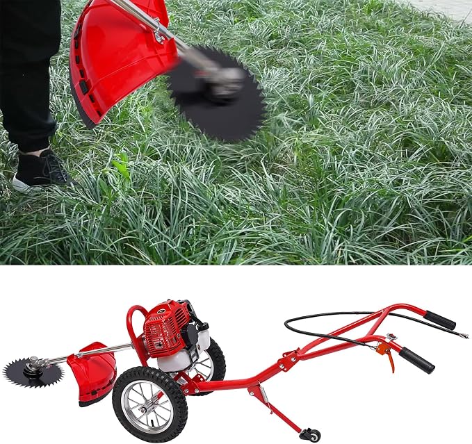 49CC Hand Push Type Grass Cutter, 1.8 KW 7000RPM 2 Stroke Lawn Mower with Weeding Blade & Loosening Blades Gas Powered Hand Push Lawn Mower for Home Garden Yard