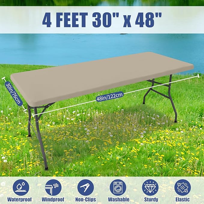 Moosfor Spandex 4 Foot Rectangle Table Cloth 2 Pack, Elastic Fitted Tablecloths for Picnic, Stretch Washable Patio Table Cover for Outdoor, Camping, Banquet and Parties (Taupe, 30"x48")