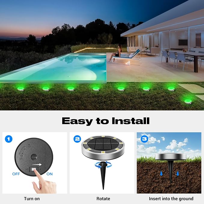 Mini Solar Ground Lights Outdoor, 8 Pack Flat Solar Powered Disc Lights, IP68 Waterproof, Anti-Rust, Landscape Lighting for Pathway Garden Yard Lawn Walkway Landscape Driveway, Green