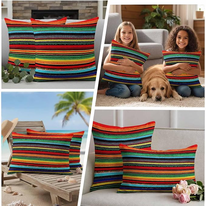 Colorful Stripes Outdoor Waterproof Throw Pillow Covers Set of 2, 18"x18", Mexican Aztec Abstract Ethnic Decorative Pillow Covers Outside Cushion Case for Patio Porch Garden