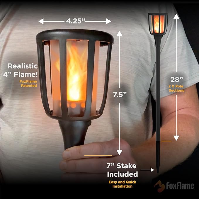 FoxFlame Solar Landscape Lights Rustic - Realistic Flickering Flame Patented LED, Adjustable Height, Pathway Lights Solar Powered Torch with Poles for Outdoor Landscape, Garden, and Patio (1 Pack)