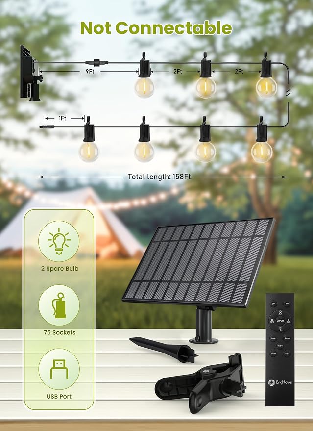 Brightown 158FT Solar String Lights Outdoor, IP65 Waterproof, Remote, Timer | Patio Lights with 75 LED Shatterproof Bulbs, 3 Light Modes, Dimmable, Outside Light for Backyard Porch Yard Party Xmas Decor