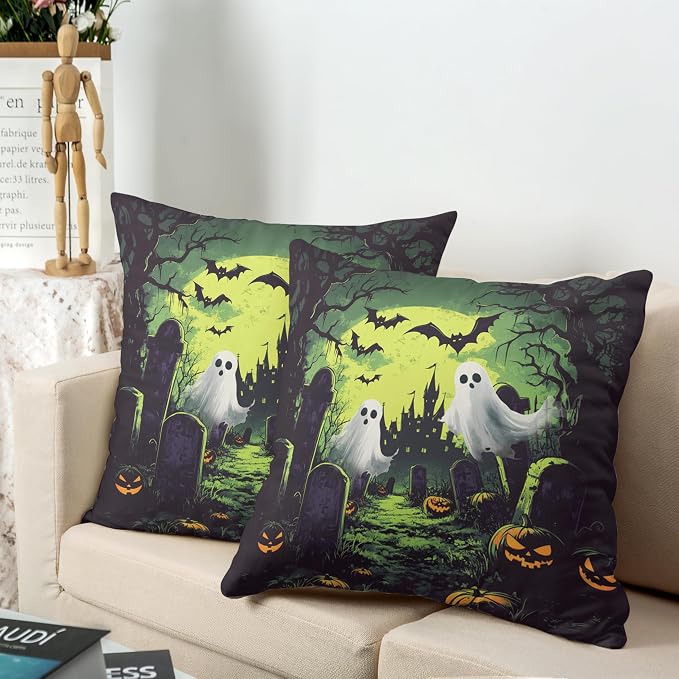 2 Pack Halloween Pillow Covers 22x22 Graveyard Ghost Throw Pillow Covers Horror Spooky Green Full Moon Night Pillow Case Bat Pumpkin Cushion Case for Holiday Party Decor Couch Sofa