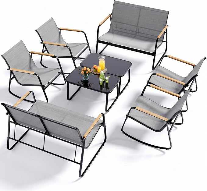 Ahomly 8-Piece Outdoor Patio Furniture Set, Textilene Conversation Set with Rocking Chairs, Loveseat, and Tempered Glass Coffee Table, for Lawn, Garden, Balcony, Poolside (Grey)