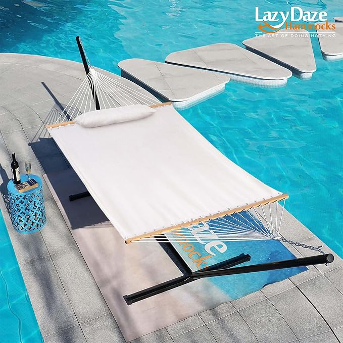Lazy Daze Hammocks 12 FT Sunbrella Fabric Hammock Non-Fading with Spreader Bars and Free Pillow Fits for 2 Persons, All Weather and Fade Resistant for Patio Yard, 450 lbs Capacity, Cast Pumice