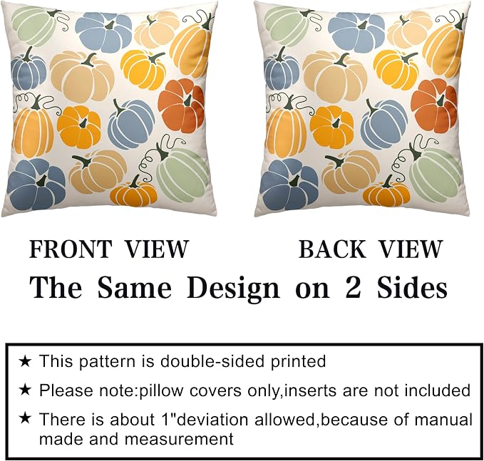 Fall Throw Pillow Covers 20x20 Set of 2 Orange Blue Pumpkins Pillow Covers Colorful Autumn Outdoor Pillow Case Cotton Blend Cushion Case for Couch Patio Bed Car