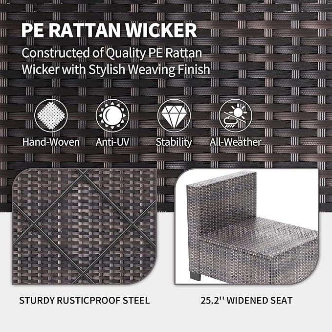 7 Piece Patio Furniture Set, Outdoor Modular Wicker Sectional Couch with Tempered Glass Coffee Table, All-Weather Rattan Conversation Set with Washable Cushions for Backyard, Garden, Deck
