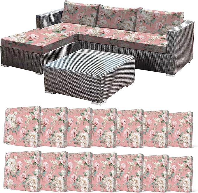 CALBODE 14 Pcs Stretch Outdoor Seat Cushion Covers, Washable Chair Seat Cover for Patio Furniture Cushions Soft Indoor and Outdoor Couch Cover Replacement (Pink Blooming, Cover Only)