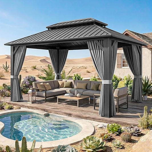 10x14FT Hardtop Gazebo, Metal Frame with Double Galvanized Steel Roof, Permanent Outdoor Pergola with Curtains and Netting Included for Backyard, Patio, Lawn and Garden, Gray