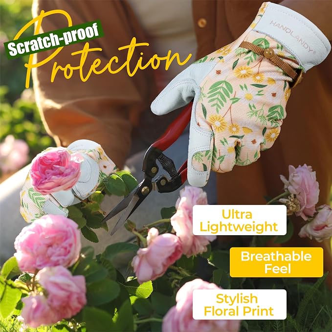 HANDLANDY Gardening Gloves for Women, Leather Garden Glove, Gardener Gift | Breathable Floral Ladies Leather Garden Yard Gloves, for Trimming, Weeding, Digging, Planting, Pruning