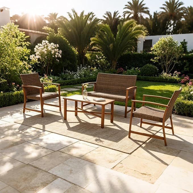 4-Piece Patio Furniture Set, Wicker Outdoor Conversation Set with Coffee Table and Padded Seat Cushions, Rattan Sectional Sofa for Yard, Garden or Patio, Brown