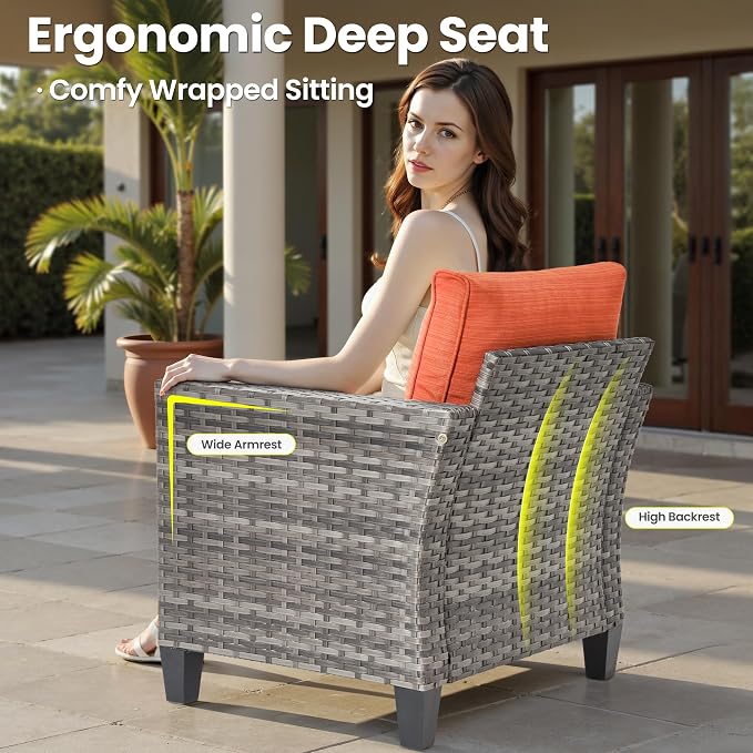 ovios 5 Pieces Patio Furniture Set, Outdoor Wicker Rattan Sofa Couch with Loveseat, Chairs, Glass Coffee Table, Conversation Sets for Yard Porch Garden, Orange Red