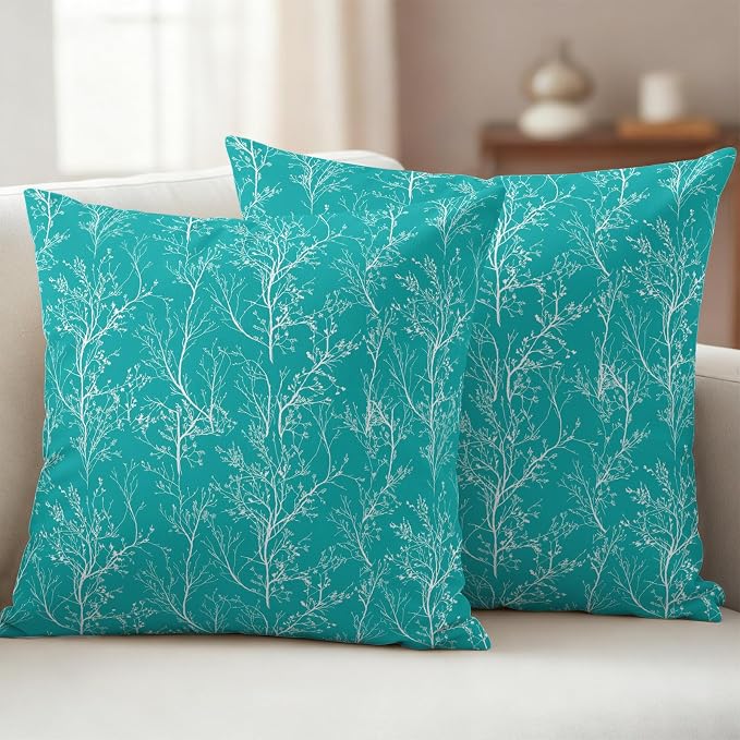 Turquoise Branches Waterproof Outdoor Pillow Covers Set of 2 Home Decor, Abstract Art Leaves Plant Pillowcase Patio Pillow Covers for Couch Bench Patio Furniture Garden 16x16in