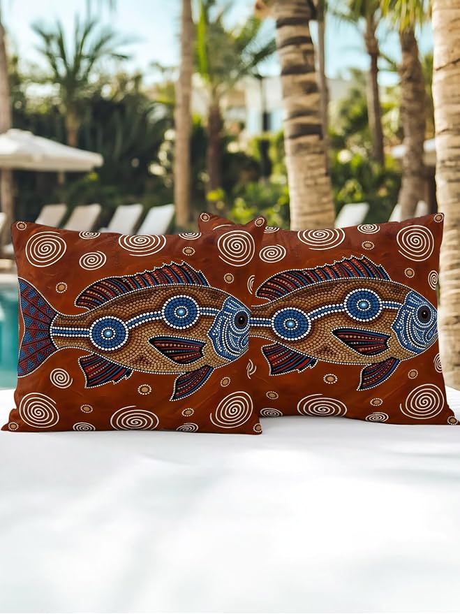 Outdoor Pillows Waterproof Set of 2, Southwest Tribal Decorative Throw Pillows for Patio Couch Bed Camping, Vintage Rustic Fish Motifs Wooden Texture Indoor Outdoor Pillow with Inserts Included 18x18