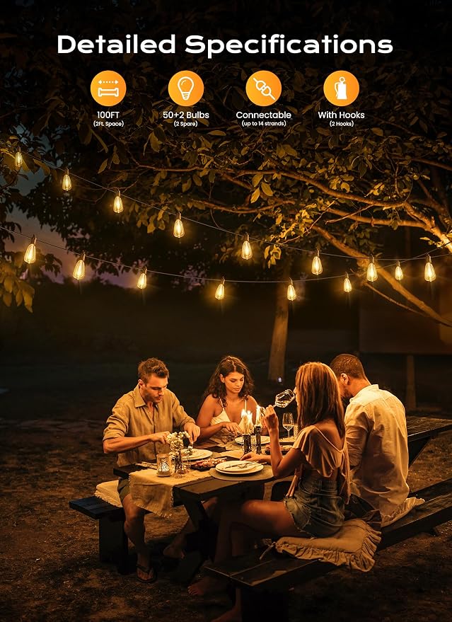Brightown Outdoor String Lights, 100FT 50+2 LED ST38 LED Patio Lights Shatterproof, Dimmable IP65 Waterproof Connectable Hanging Outdoor Light for Backyard, Porch, Deck, Balcony