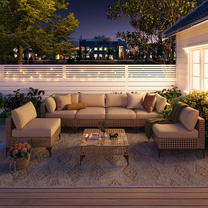 AECOJOY 7-Piece Patio Outdoor Furniture Set with Tea Table, Boho Outdoor Sectional Furniture Sofa PE Rattan Wicker Conversation Set, Light Brown Rattan&Beige Cushions
