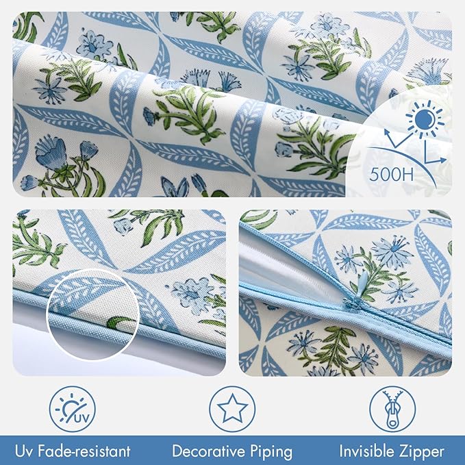 ANRODUO Floral Outdoor Waterproof Pillow Covers Set of 2 Blue 20x20 Inch | Square Block Print Decorative Cushion Cases With Refined Edge Piping for Summer Patio Porch Garden Couch Sofa Bench Decor