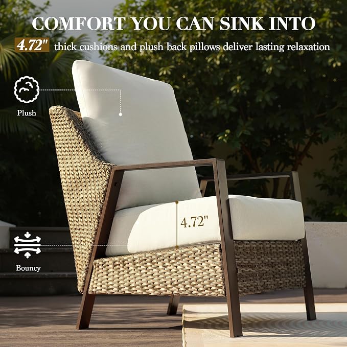 3 Piece Wicker Patio Bistro Set, All Weather Outdoor Conversation Set with Thick Washable Olefin Cushions, 2 Armchairs & Coffee Table for Backyard Deck Porch, Beige