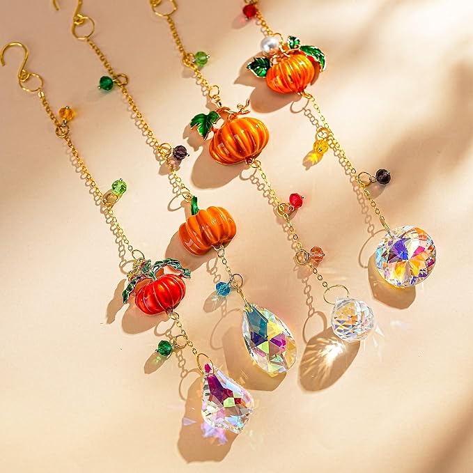 4pcs Fall Pumpkin Suncatchers Crystals Sun Catchers Indoor Window Hanging | Thanksgiving Christmas Tree Decoration for Farmhouse Harvest Autumn Home Party Decor,halloween decorations,gift for women mom