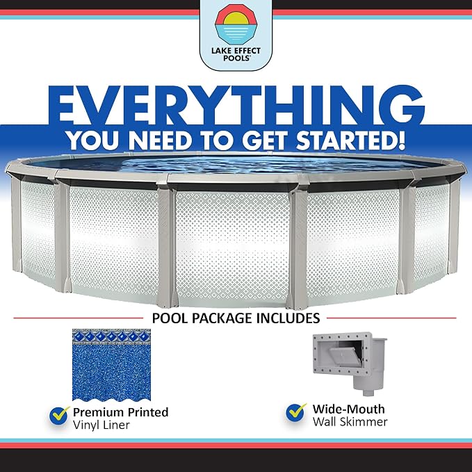 Lake Effect Pools 'Grand Cayman' 18 ft Round Above Ground Swimming Pool | 52 Inch Strong Extruded Resin Components | Bundle Includes: 25 Gauge Overlap Liner & Widemouth Skimmer